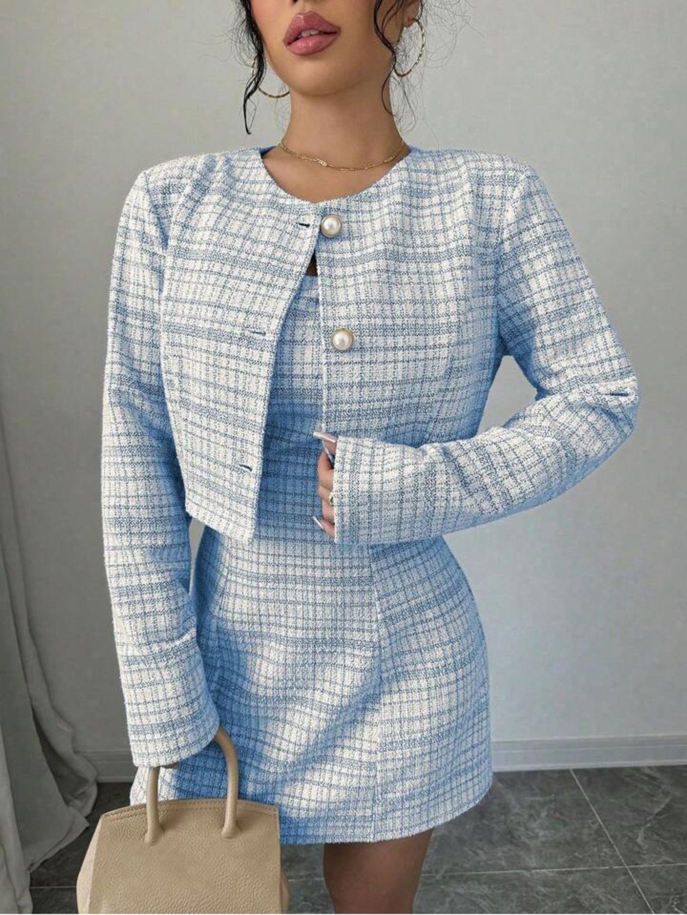 SHEIN Tweed Pearl-Button Two-Piece Dress and Blazer Set in Blue and White